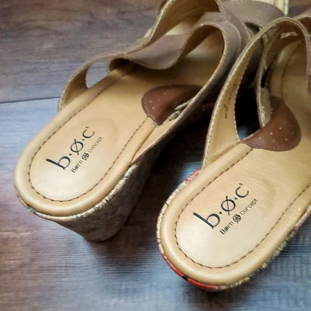 b.o.c. Tan Wedge Leather Sandals, Size 9